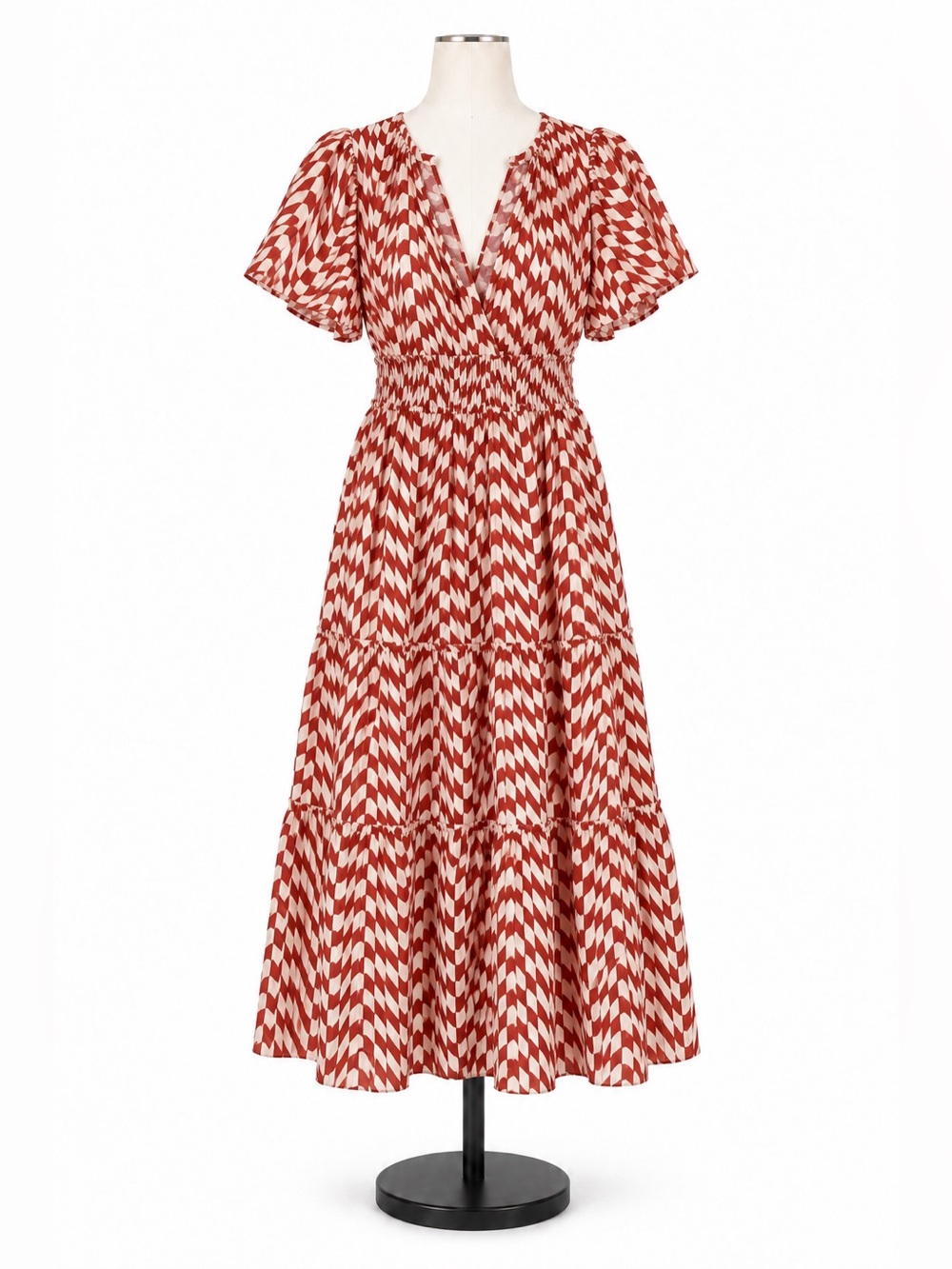 Anthropologie Somerset Maxi Dress Large Burnt Red Rose Geometric Check Cotton